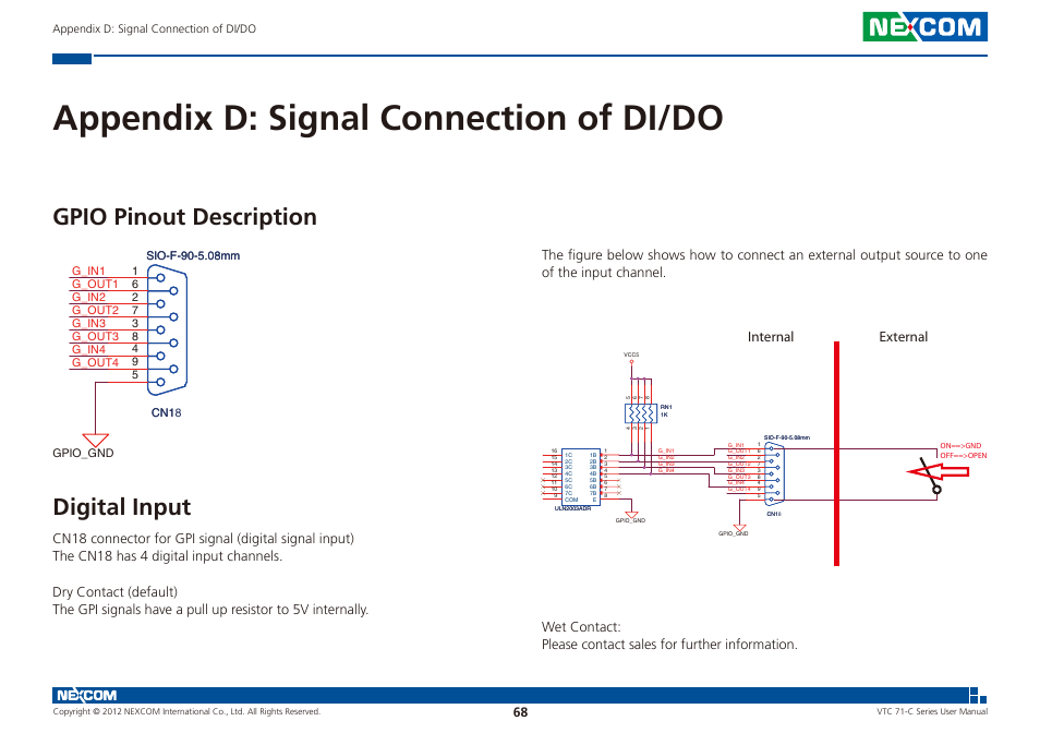 Appendix d: signal connection of di/do, Gpio pinout description digital input, Digital input | Gpio pinout description, External internal | NEXCOM VTC 7100-C8SK User Manual | Page 82 / 110