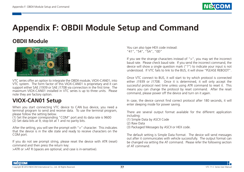 Appendix f: obdii module setup and command, Obdii module viox-can01 setup, Obdii module | Viox-can01 setup | NEXCOM VTC 7100-C8SK User Manual | Page 91 / 110