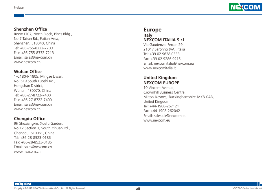 Europe | NEXCOM VTC 7100-D1K User Manual | Page 12 / 117