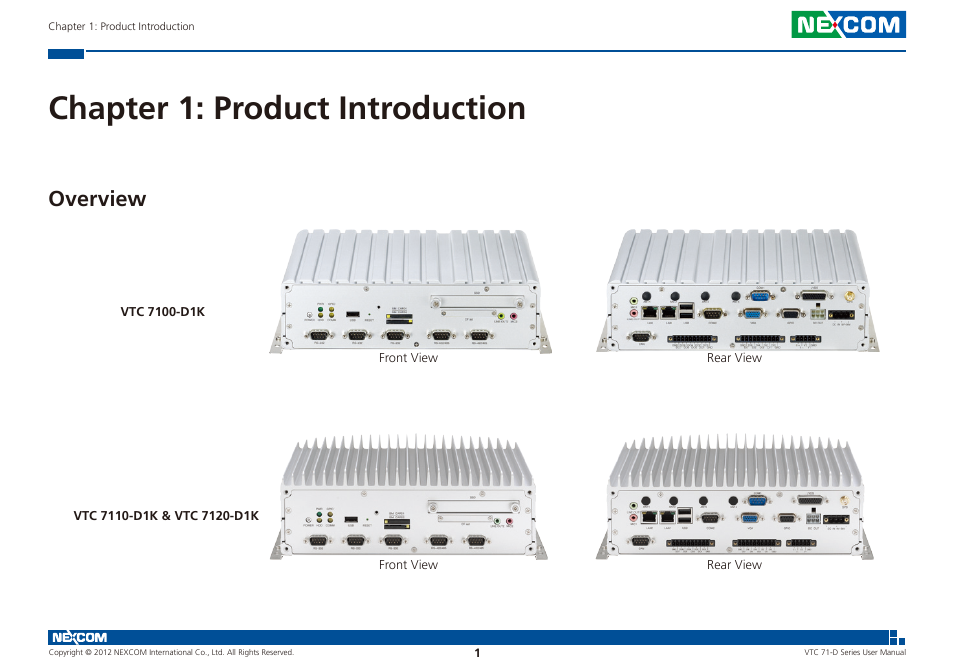 Chapter 1: product introduction, Overview | NEXCOM VTC 7100-D1K User Manual | Page 15 / 117