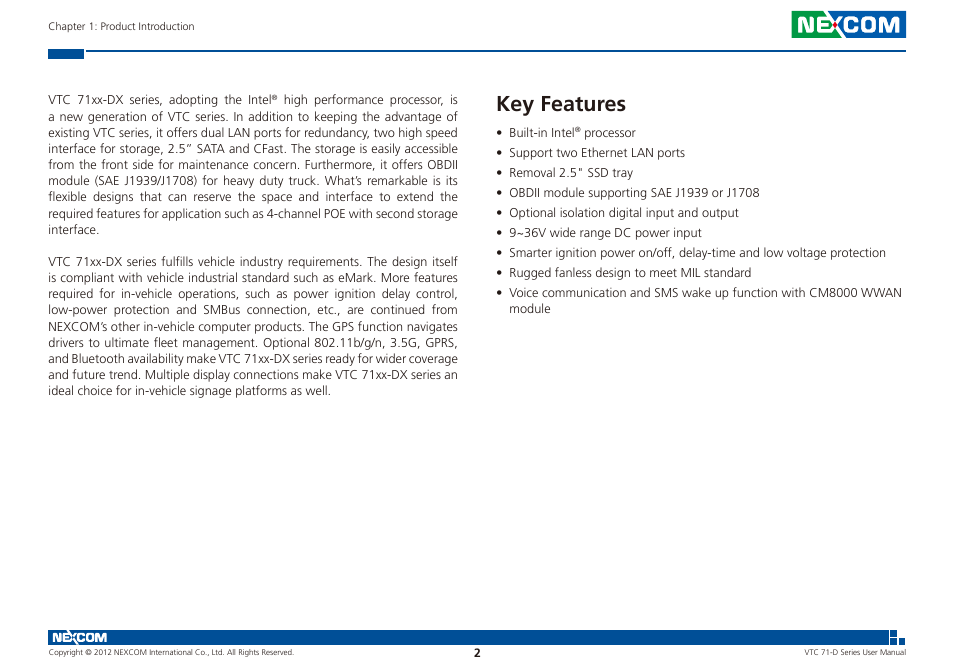 Key features | NEXCOM VTC 7100-D1K User Manual | Page 16 / 117