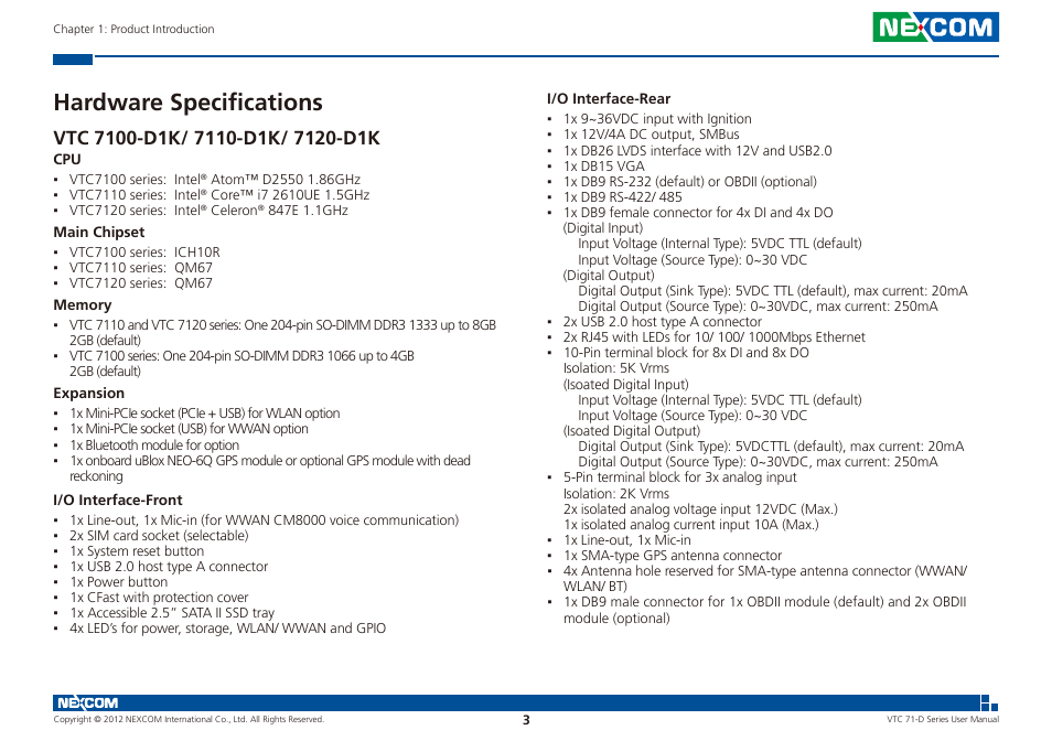 Hardware specifications, Vtc 7100-d1k/ 7110-d1k/ 7120-d1k | NEXCOM VTC 7100-D1K User Manual | Page 17 / 117