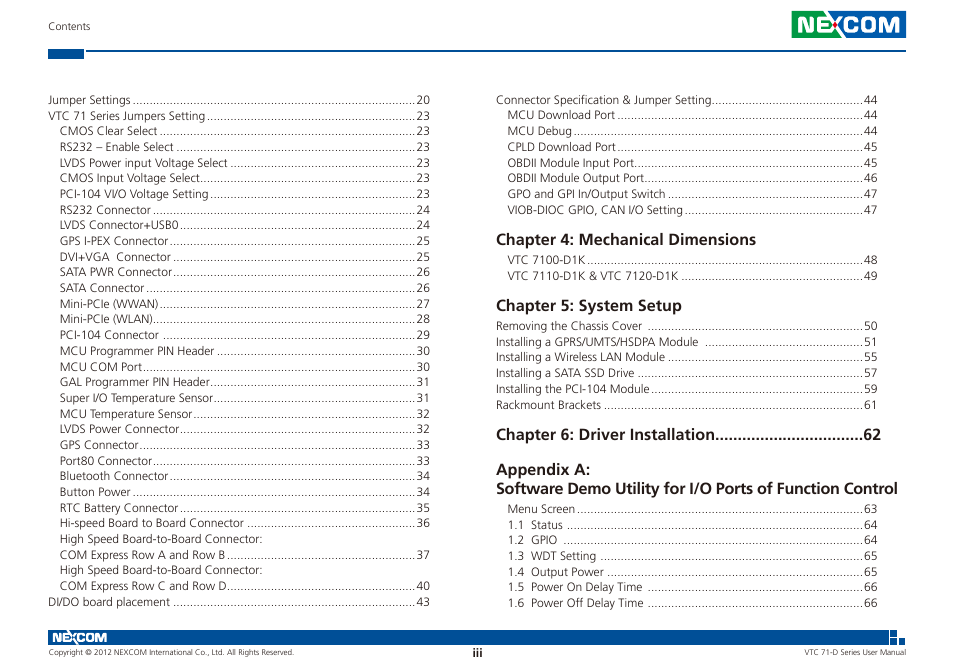 Chapter 4: mechanical dimensions, Chapter 5: system setup | NEXCOM VTC 7100-D1K User Manual | Page 3 / 117