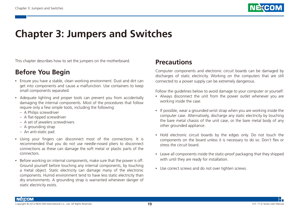 Chapter 3: jumpers and switches, Before you begin precautions, Before you begin | Precautions | NEXCOM VTC 7100-D1K User Manual | Page 33 / 117