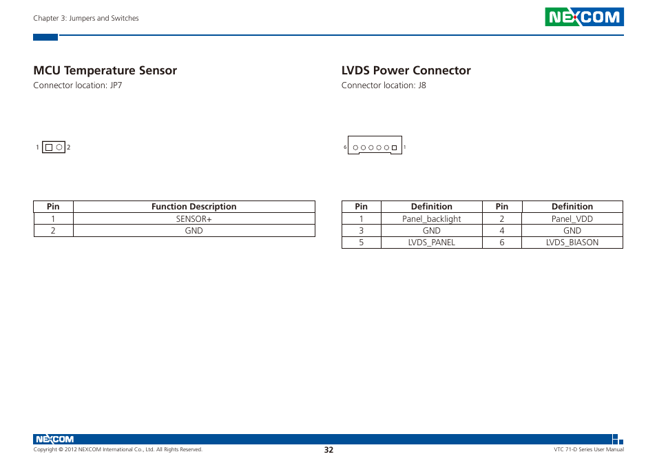 Mcu temperature sensor lvds power connector, Mcu temperature sensor, Lvds power connector | NEXCOM VTC 7100-D1K User Manual | Page 46 / 117