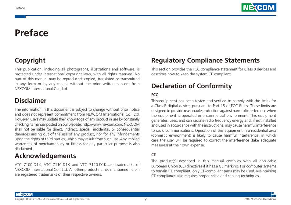 Preface, Regulatory compliance statements, Declaration of conformity | Copyright, Disclaimer, Acknowledgements | NEXCOM VTC 7100-D1K User Manual | Page 5 / 117