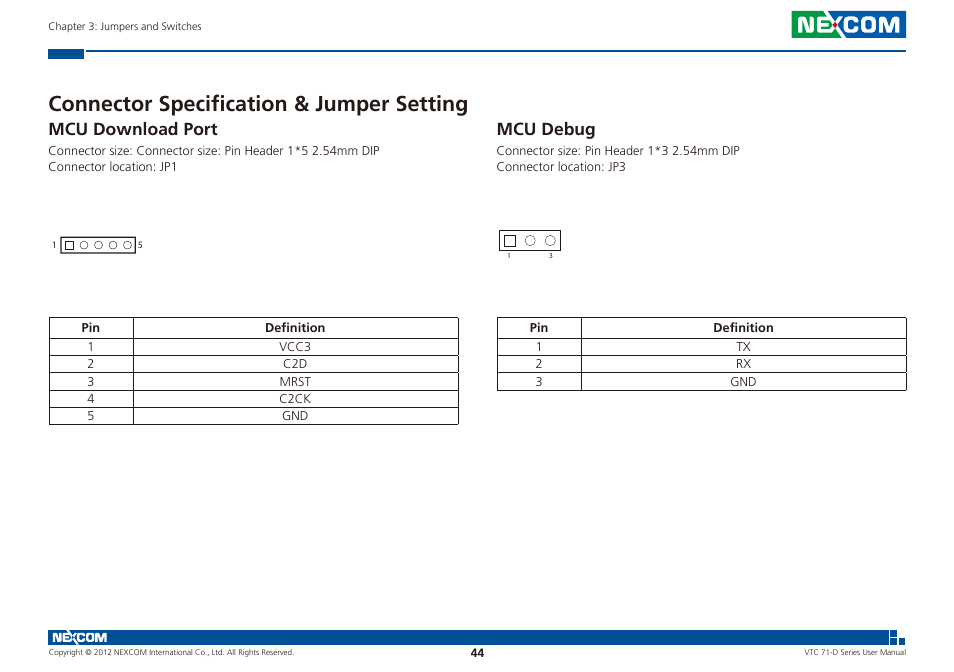 Connector specification & jumper setting, Mcu download port mcu debug, Mcu download port | Mcu debug | NEXCOM VTC 7100-D1K User Manual | Page 58 / 117