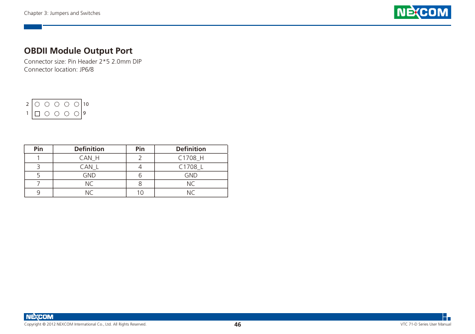 Obdii module output port | NEXCOM VTC 7100-D1K User Manual | Page 60 / 117