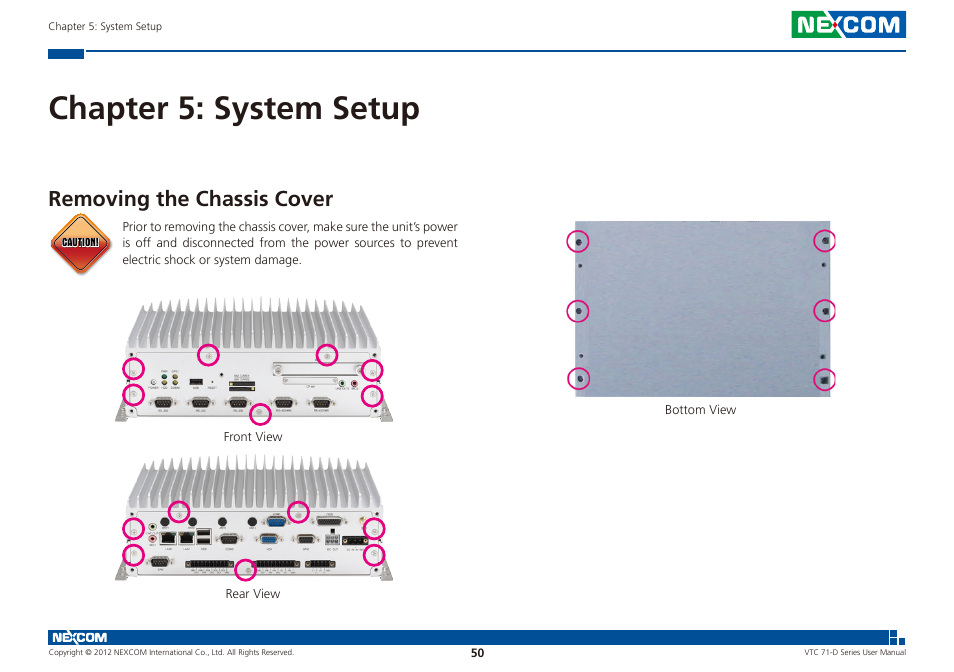 Chapter 5: system setup, Removing the chassis cover | NEXCOM VTC 7100-D1K User Manual | Page 64 / 117