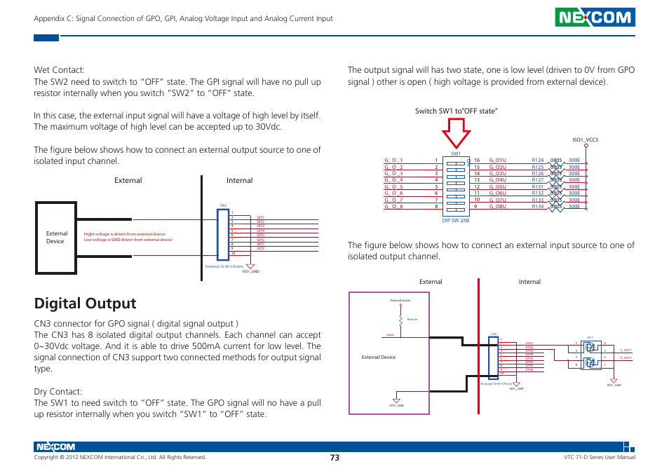 Digital output, External internal, Switch sw1 to”off state | NEXCOM VTC 7100-D1K User Manual | Page 87 / 117