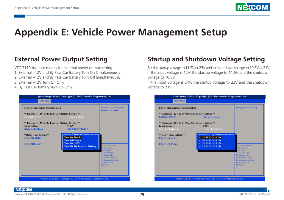 Appendix e: vehicle power management setup, External power output setting, Startup and shutdown voltage setting | NEXCOM VTC 7100-D1K User Manual | Page 92 / 117