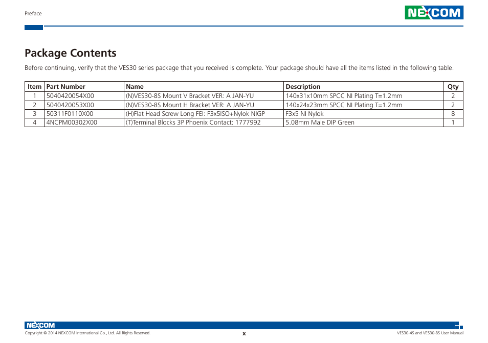 Package contents | NEXCOM VES30-4S User Manual | Page 10 / 23