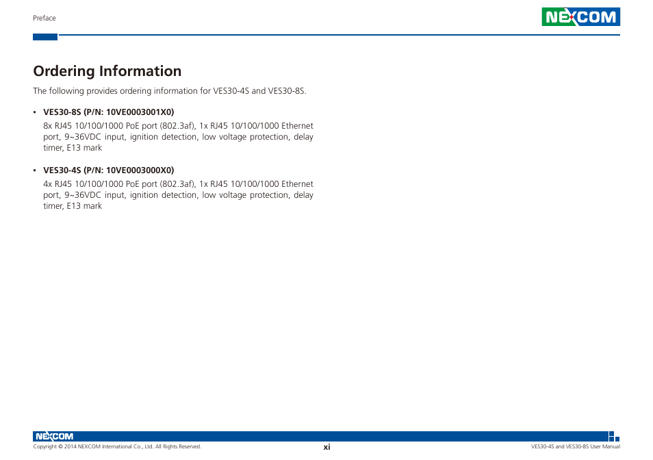 Ordering information | NEXCOM VES30-4S User Manual | Page 11 / 23