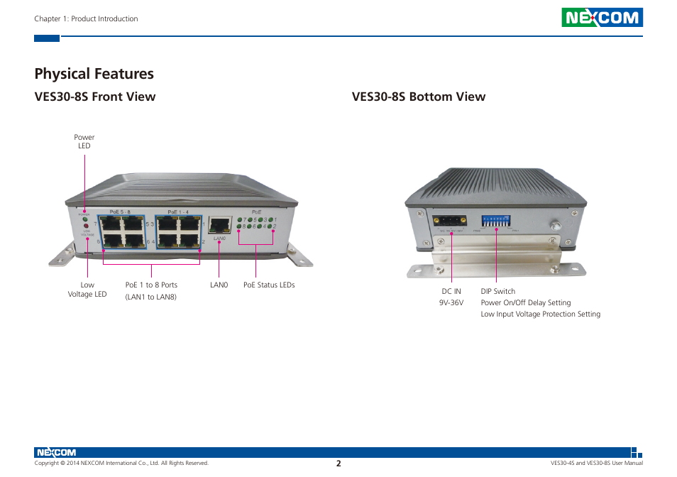 Physical features, Ves30-8s front view ves30-8s bottom view, Ves30-8s front view | Ves30-8s bottom view | NEXCOM VES30-4S User Manual | Page 13 / 23