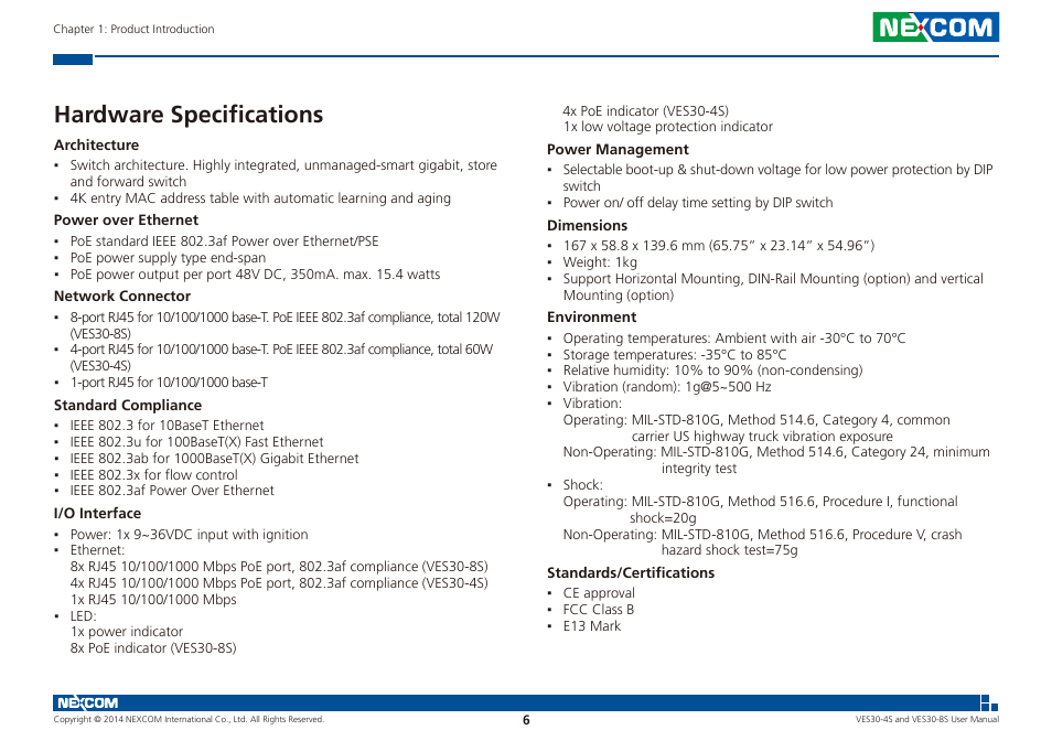 Hardware specifications | NEXCOM VES30-4S User Manual | Page 17 / 23