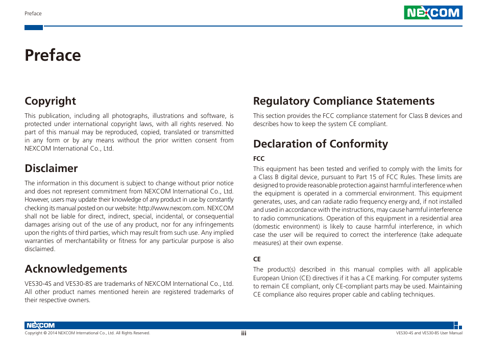 Preface, Regulatory compliance statements, Declaration of conformity | Copyright, Disclaimer, Acknowledgements | NEXCOM VES30-4S User Manual | Page 3 / 23