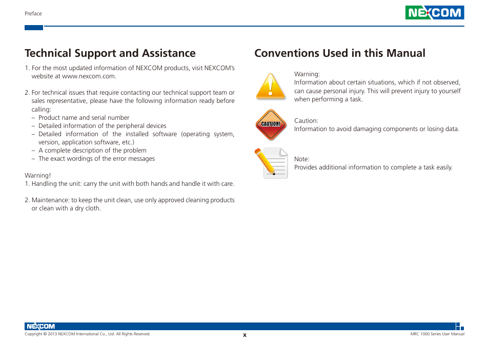 Technical support and assistance, Conventions used in this manual | NEXCOM MRC 1000 User Manual | Page 10 / 47