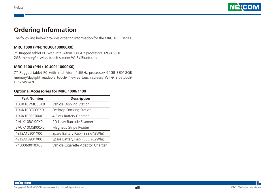 Ordering information | NEXCOM MRC 1000 User Manual | Page 13 / 47