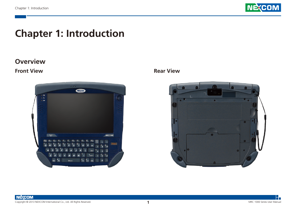 Chapter 1: introduction, Overview, Front view rear view | NEXCOM MRC 1000 User Manual | Page 14 / 47