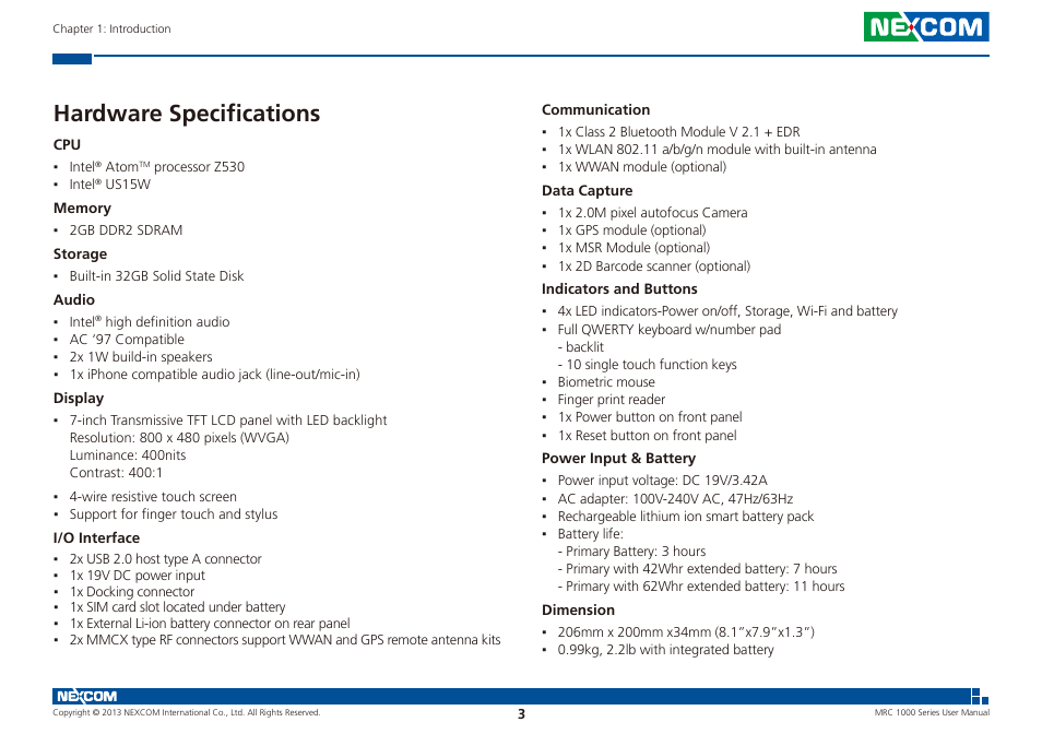 Hardware specifications | NEXCOM MRC 1000 User Manual | Page 16 / 47