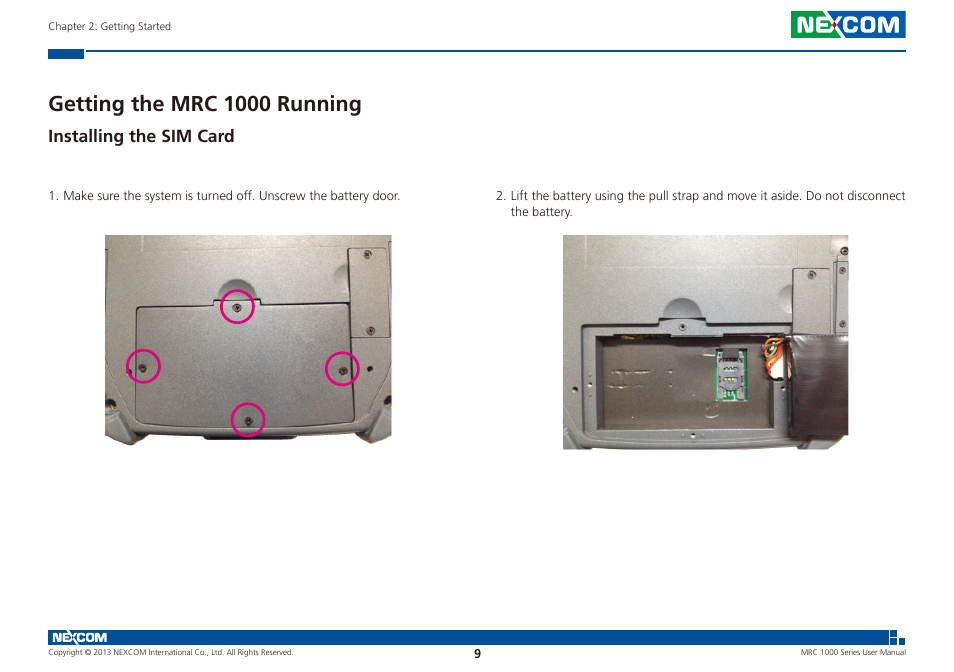 Getting the mrc 1000 running, Installing the sim card | NEXCOM MRC 1000 User Manual | Page 22 / 47