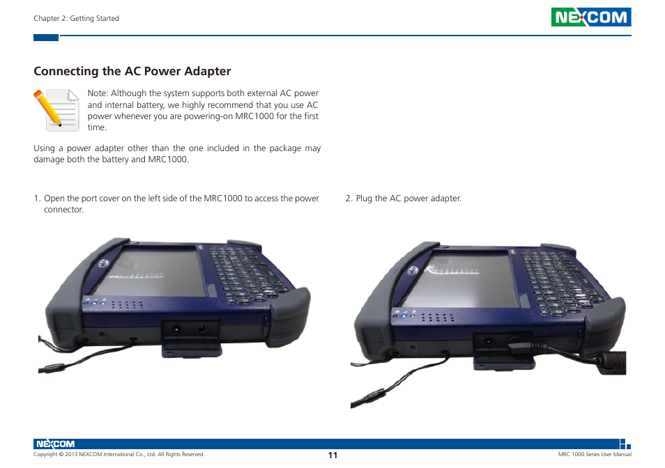 Connecting the ac power adapter | NEXCOM MRC 1000 User Manual | Page 24 / 47