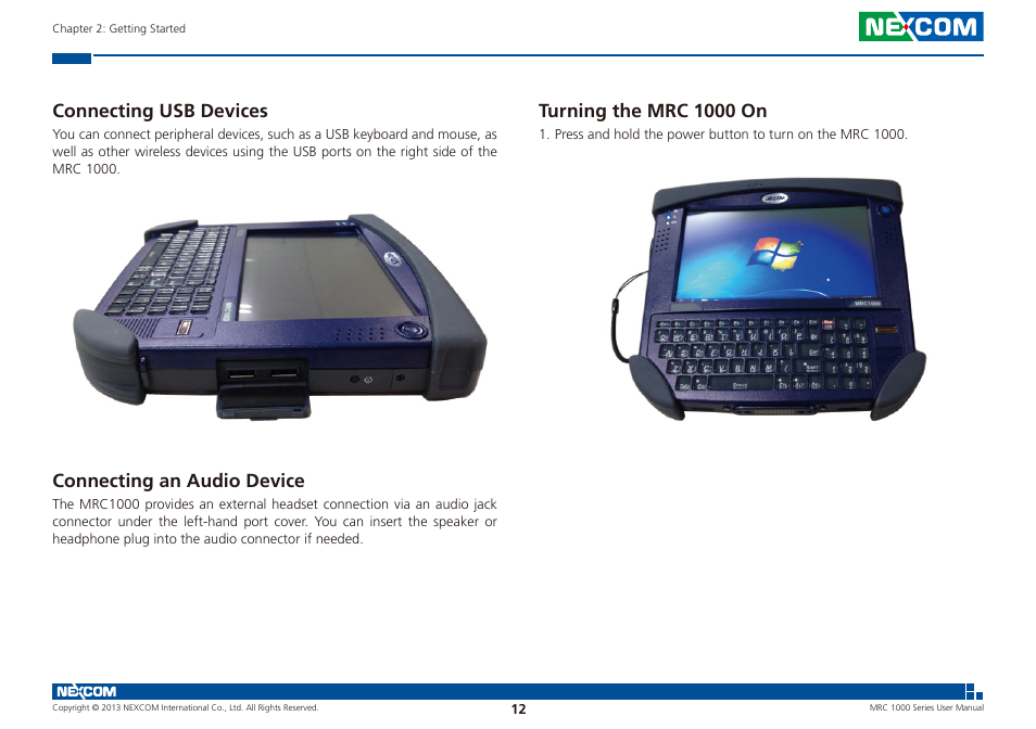 Connecting usb devices, Connecting an audio device, Turning the mrc 1000 on | NEXCOM MRC 1000 User Manual | Page 25 / 47