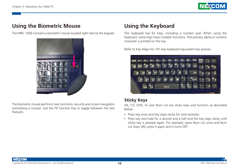 Using the biometric mouse using the keyboard, Sticky keys, Using the biometric mouse | Using the keyboard | NEXCOM MRC 1000 User Manual | Page 28 / 47