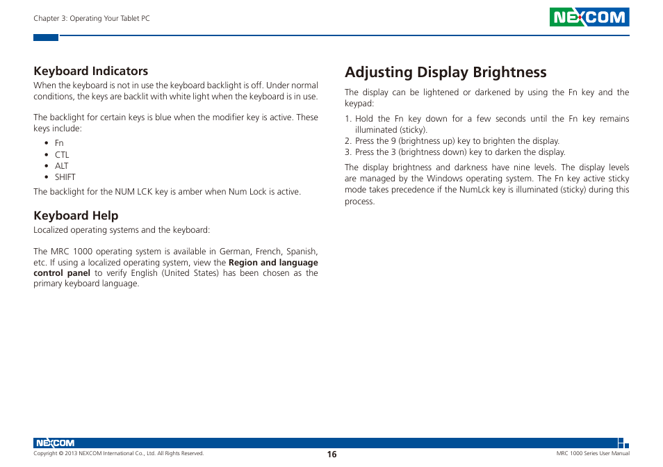 Keyboard indicators keyboard help, Adjusting display brightness, Keyboard indicators | Keyboard help | NEXCOM MRC 1000 User Manual | Page 29 / 47