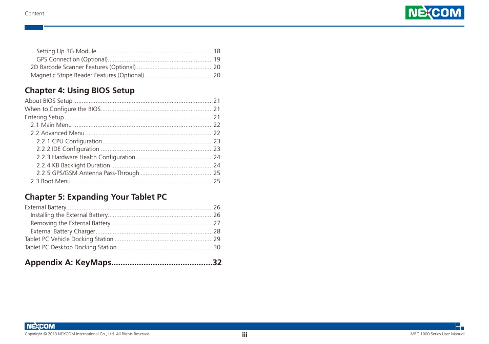 Chapter 4: using bios setup, Chapter 5: expanding your tablet pc, Appendix a: keymaps | NEXCOM MRC 1000 User Manual | Page 3 / 47