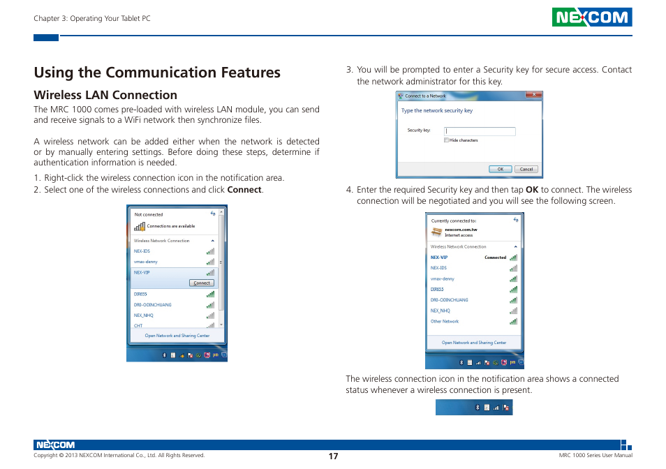 Using the communication features, Wireless lan connection | NEXCOM MRC 1000 User Manual | Page 30 / 47