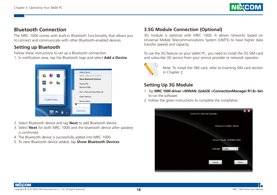 Bluetooth connection, Setting up 3g module, Setting up bluetooth | 5g module connection (optional) | NEXCOM MRC 1000 User Manual | Page 31 / 47