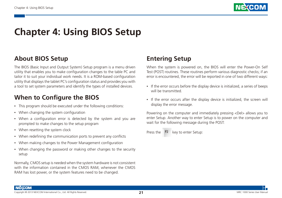 Chapter 4: using bios setup, About bios setup, When to configure the bios | Entering setup | NEXCOM MRC 1000 User Manual | Page 34 / 47