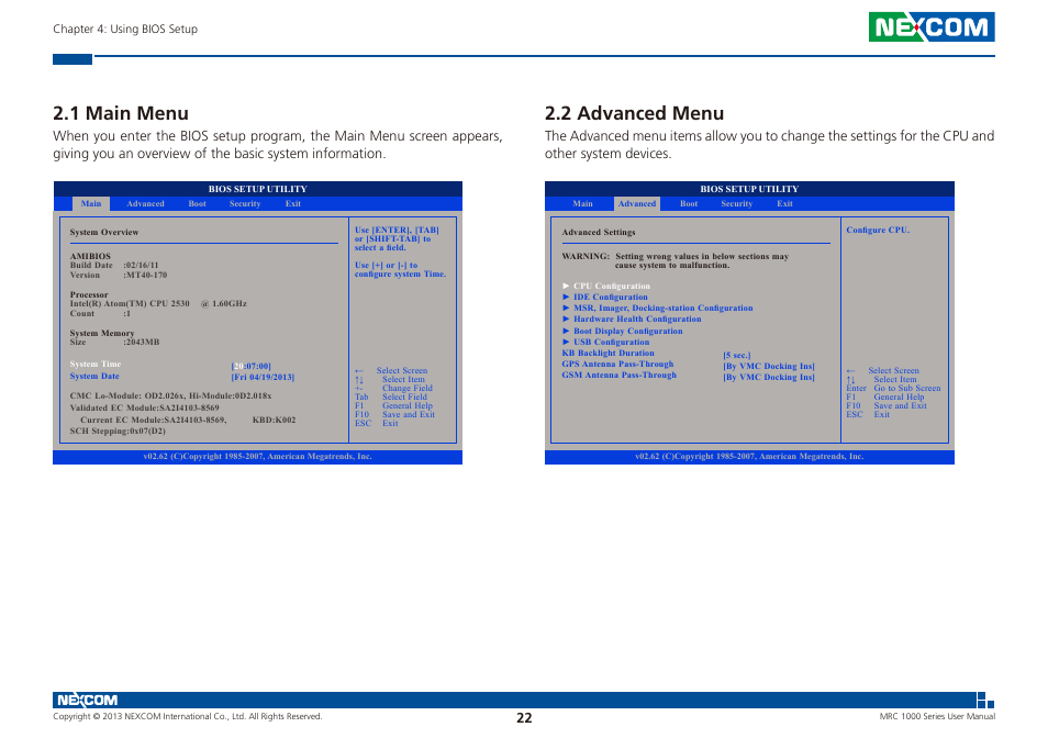 1 main menu 2.2 advanced menu, 2 advanced menu, 1 main menu | NEXCOM MRC 1000 User Manual | Page 35 / 47