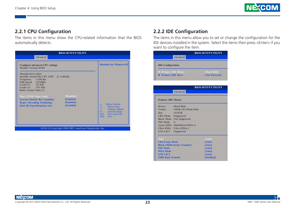 1 cpu configuration 2.2.2 ide configuration, 1 cpu configuration, 2 ide configuration | NEXCOM MRC 1000 User Manual | Page 36 / 47