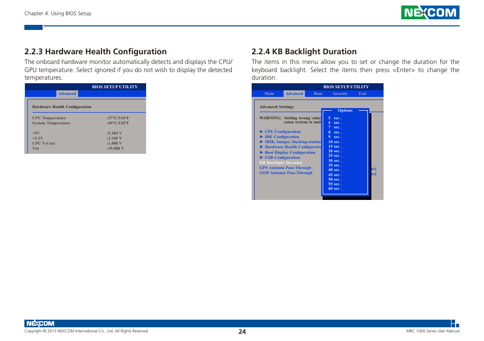 3 hardware health configuration, 4 kb backlight duration | NEXCOM MRC 1000 User Manual | Page 37 / 47