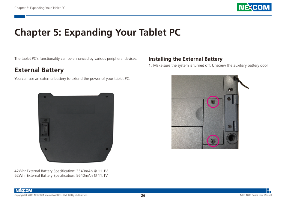 Chapter 5: expanding your tablet pc, External battery, Installing the external battery | NEXCOM MRC 1000 User Manual | Page 39 / 47