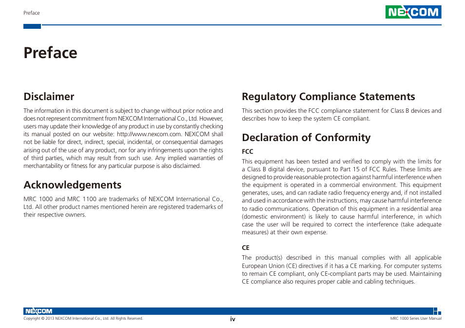 Preface, Disclaimer, Acknowledgements | Regulatory compliance statements, Declaration of conformity | NEXCOM MRC 1000 User Manual | Page 4 / 47