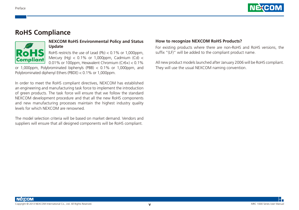 Rohs compliance | NEXCOM MRC 1000 User Manual | Page 5 / 47