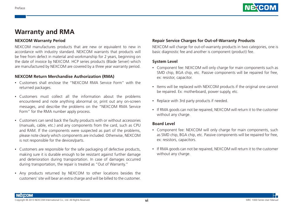 Warranty and rma | NEXCOM MRC 1000 User Manual | Page 6 / 47