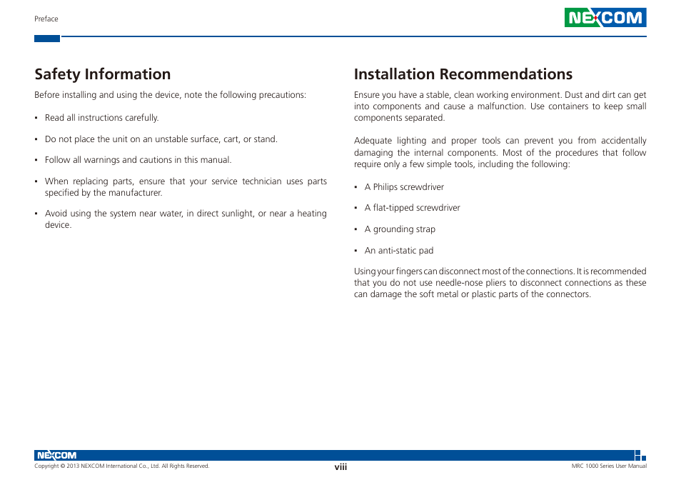 Installation recommendations, Safety information | NEXCOM MRC 1000 User Manual | Page 8 / 47