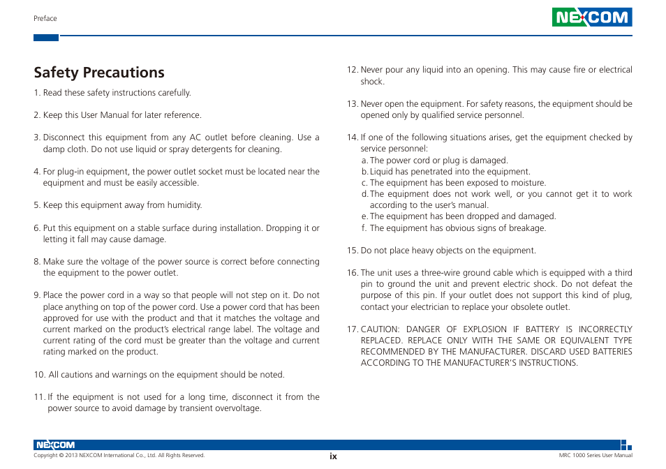 Safety precautions | NEXCOM MRC 1000 User Manual | Page 9 / 47