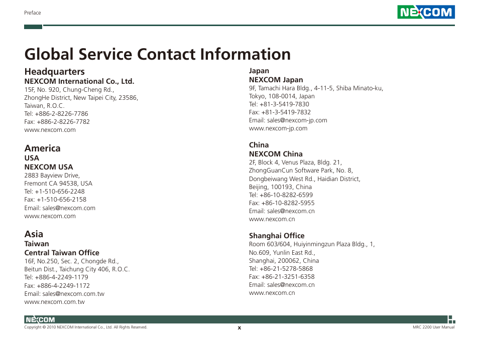 Global service contact information, Headquarters, America | Asia | NEXCOM MRC 2200 User Manual | Page 10 / 68