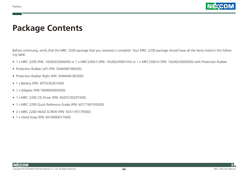 Package contents | NEXCOM MRC 2200 User Manual | Page 12 / 68