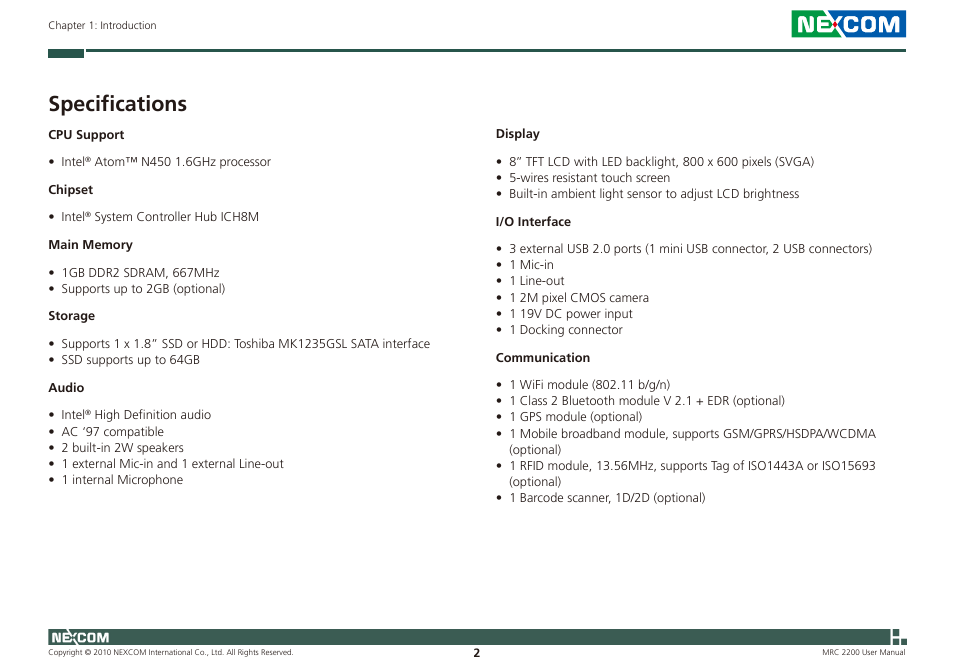 Specifications | NEXCOM MRC 2200 User Manual | Page 15 / 68