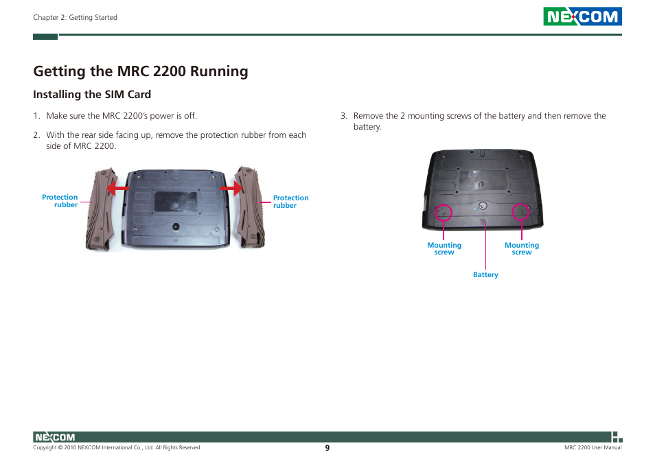 Getting the mrc 2200 running, Installing the sim card | NEXCOM MRC 2200 User Manual | Page 22 / 68