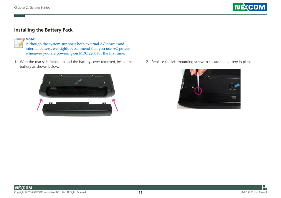 Installing the battery pack | NEXCOM MRC 2200 User Manual | Page 24 / 68