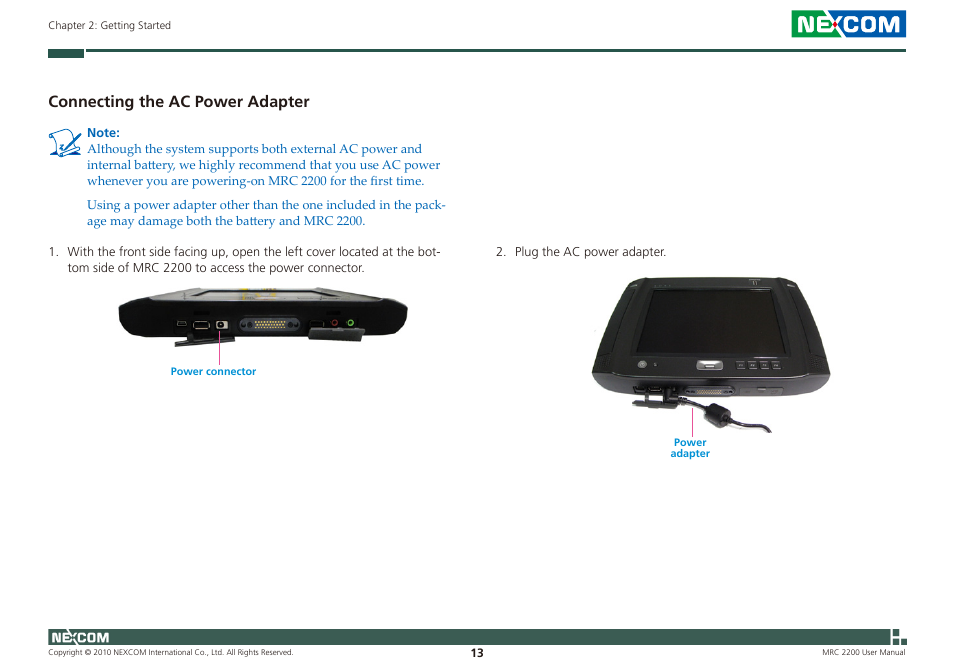 Connecting the ac power adapter | NEXCOM MRC 2200 User Manual | Page 26 / 68