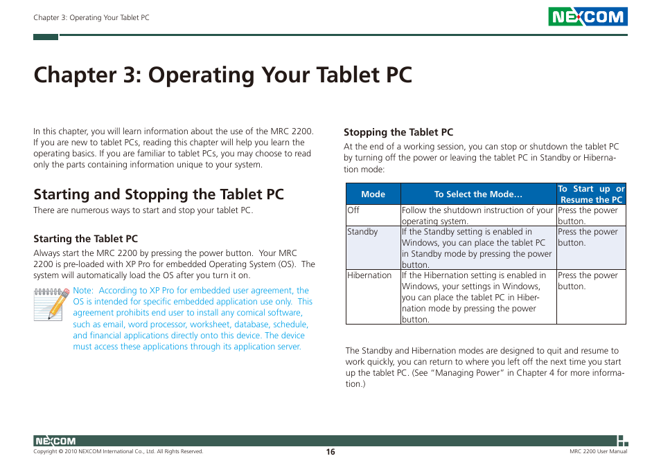 Chapter 3: operating your tablet pc, Starting and stopping the tablet pc | NEXCOM MRC 2200 User Manual | Page 29 / 68