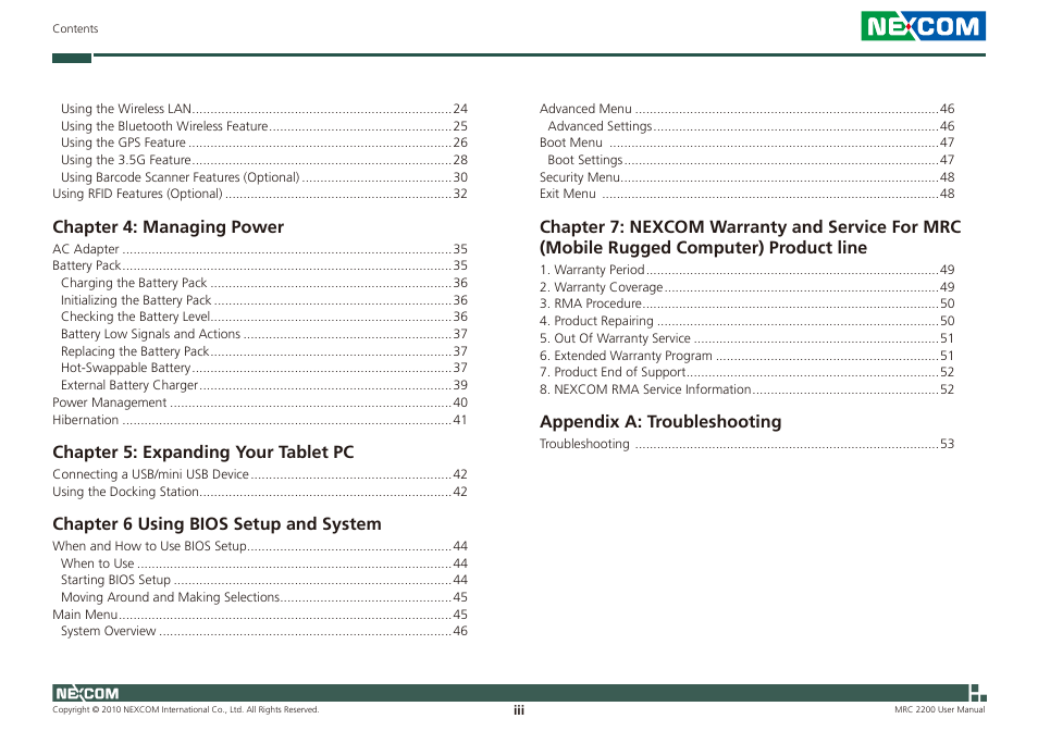 Chapter 4: managing power, Chapter 5: expanding your tablet pc, Chapter 6 using bios setup and system | Appendix a: troubleshooting | NEXCOM MRC 2200 User Manual | Page 3 / 68